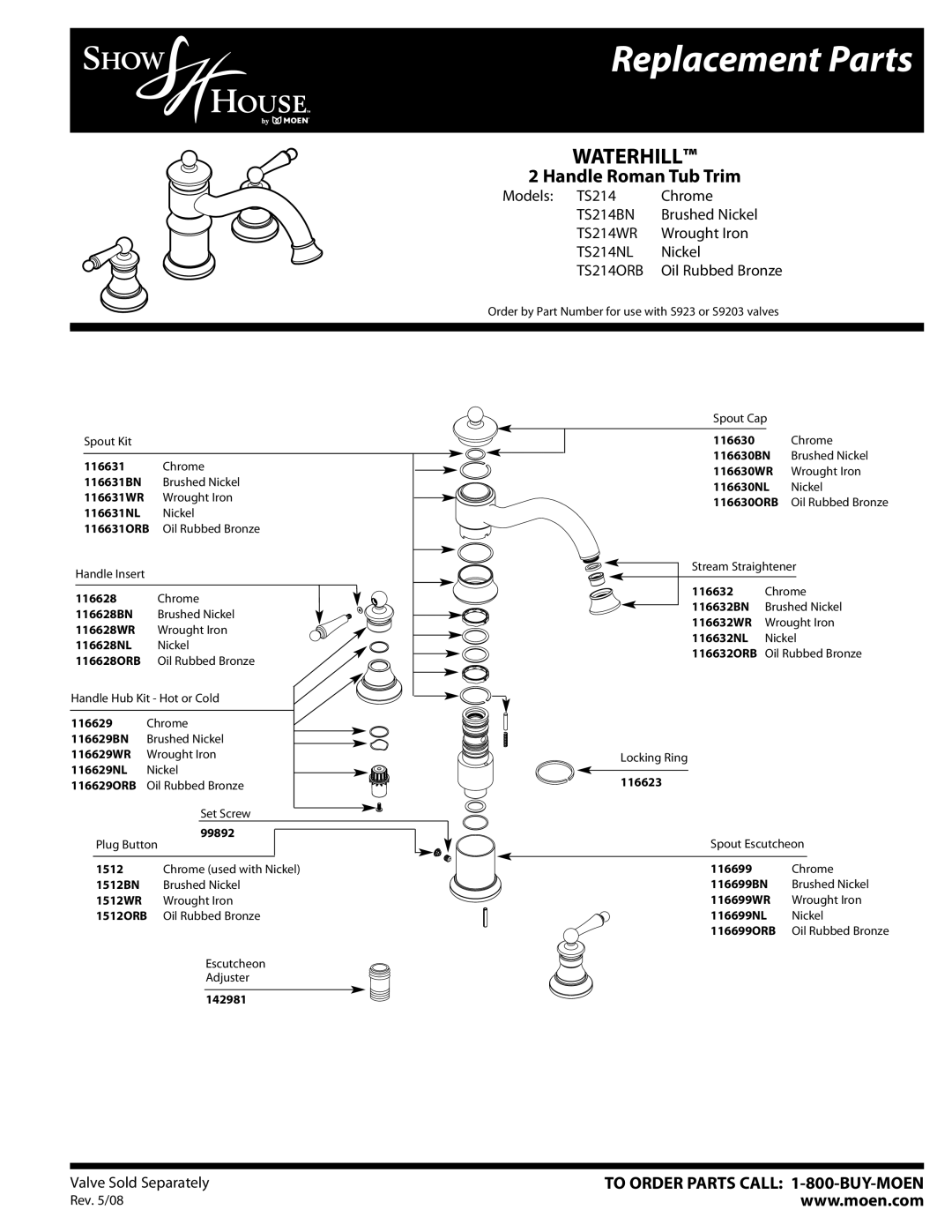 Moen TS214NL, TS214ORB, TS214WR, TS214BN manual Replacement Parts, Waterhill, Handle Roman Tub Trim 