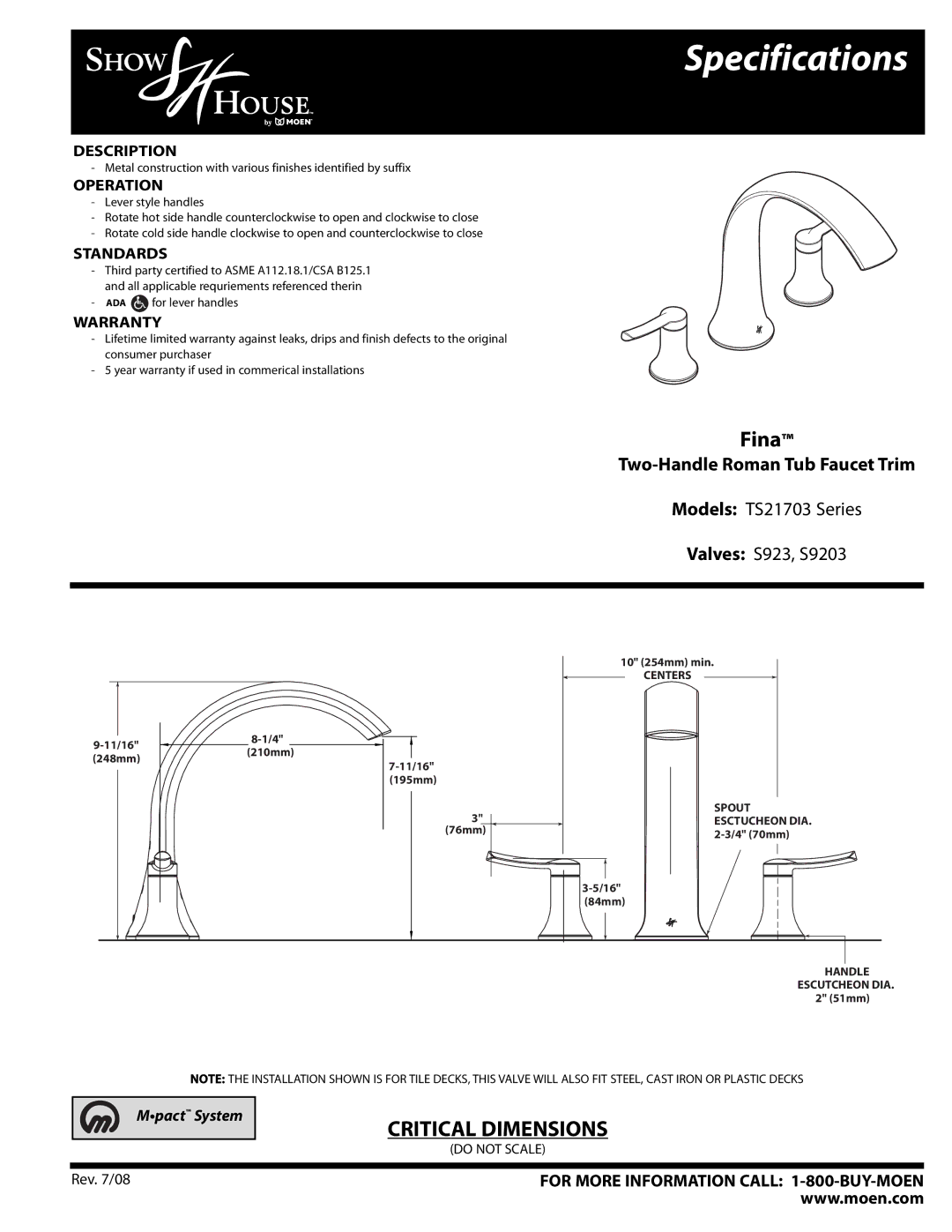 Moen TS21703 Series specifications Specifications, Fina, Two-Handle Roman Tub Faucet Trim 