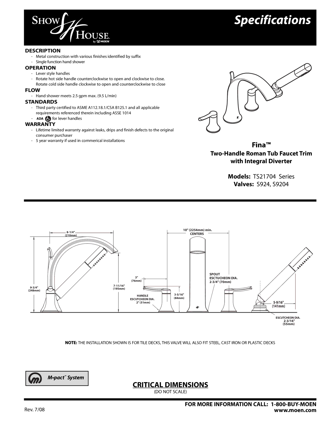 Moen TS21704 Series specifications Specifications, Fina, Two-Handle Roman Tub Faucet Trim With Integral Diverter 