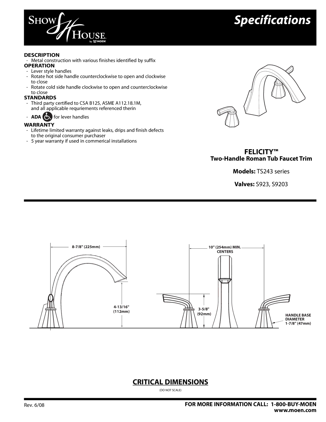 Moen TS243 Series specifications Specifications, Felicity, Two-Handle Roman Tub Faucet Trim 