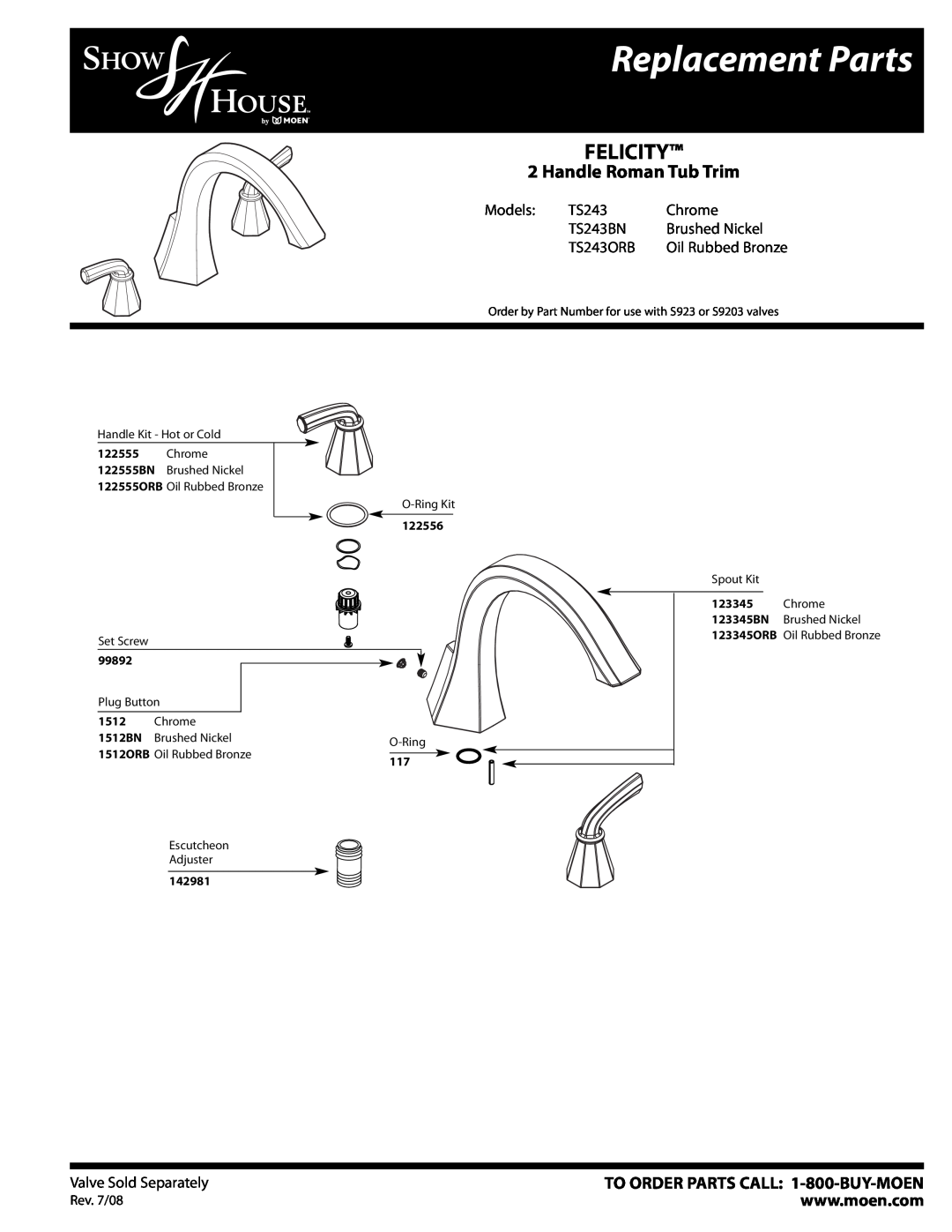 Moen manual Replacement Parts, Felicity, Handle Roman Tub Trim, Models, Chrome, TS243BN, Brushed Nickel, TS243ORB 