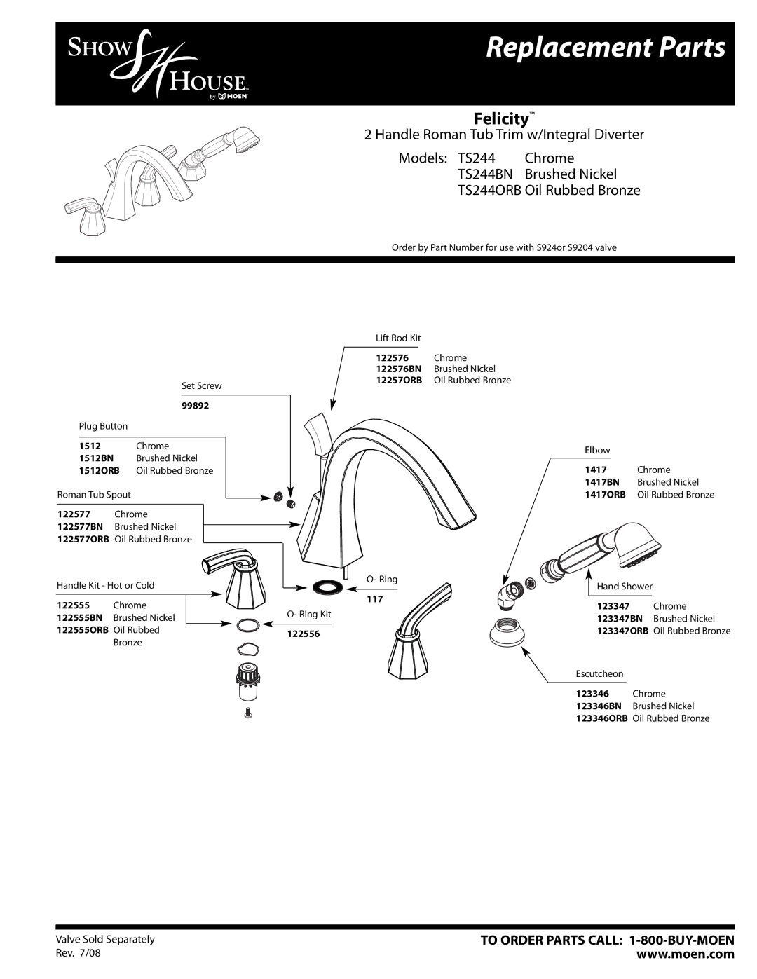 Moen TS244BN manual Replacement Parts, Felicity, TS244ORB Oil Rubbed Bronze 