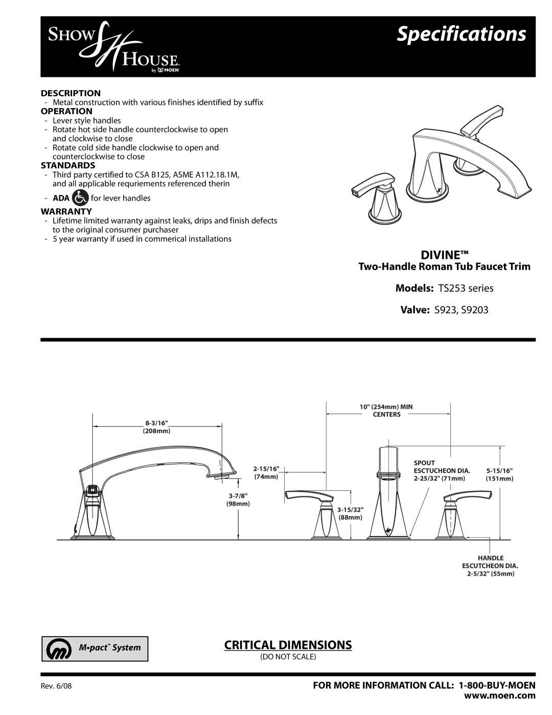 Moen TS253 series specifications Specifications, Divine, Critical Dimensions, Two-Handle Roman Tub Faucet Trim 