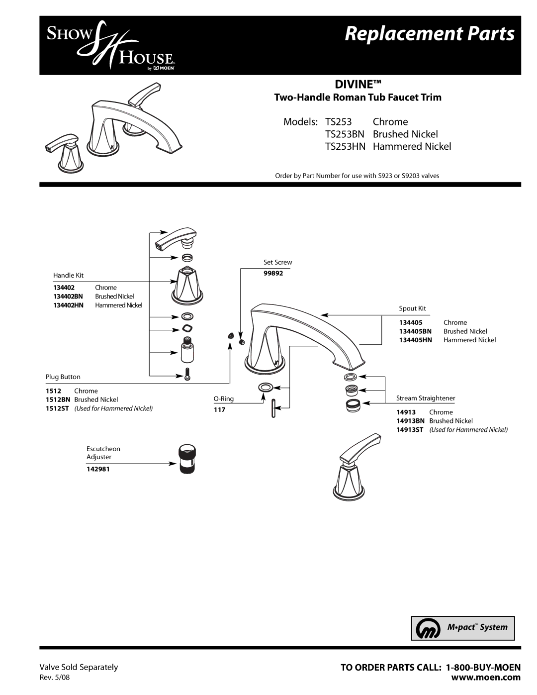 Moen TS253HN manual Replacement Parts, Divine, Two-Handle Roman Tub Faucet Trim, TS253BN 