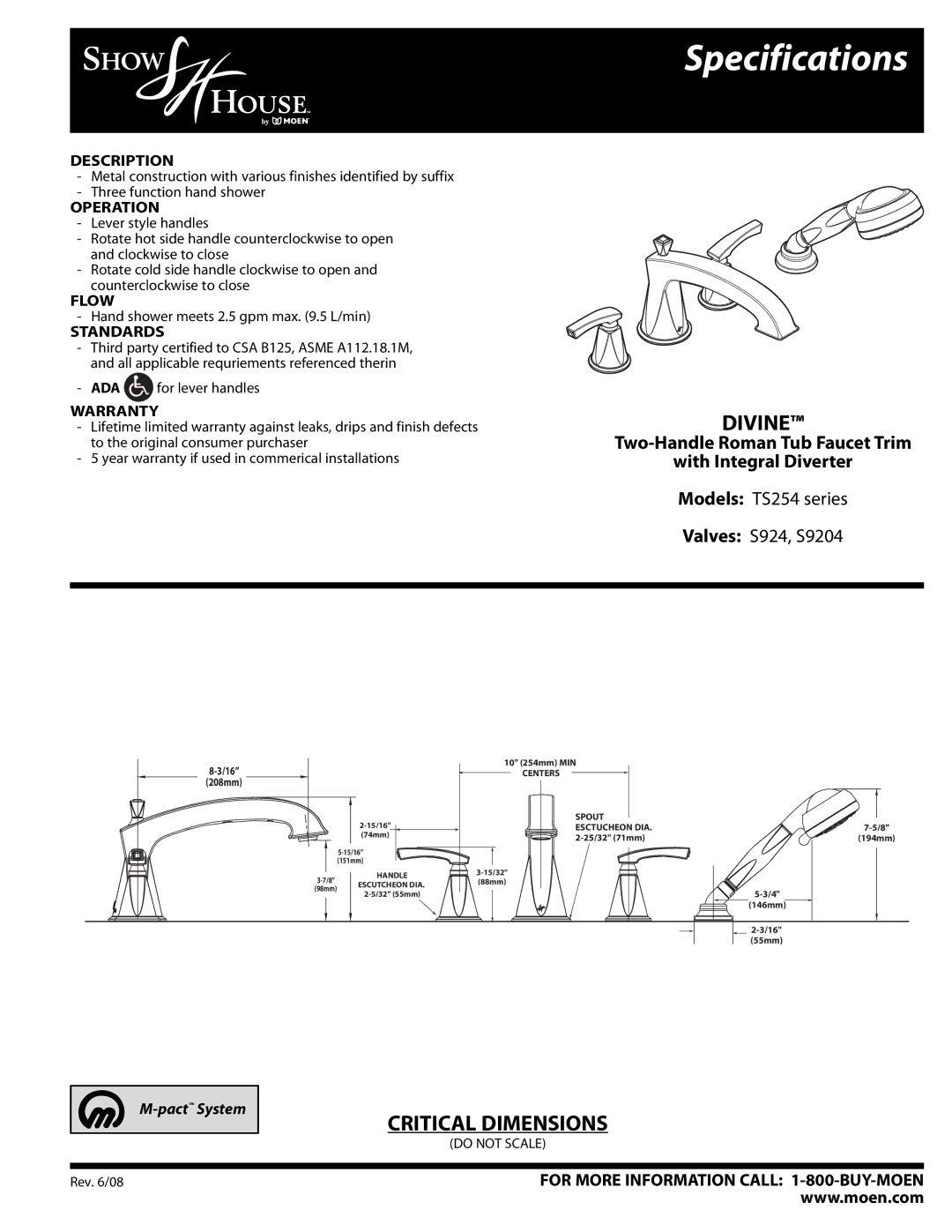 Moen specifications Specifications, Divine, Critical Dimensions, Models TS254 series Valves S924, S9204 