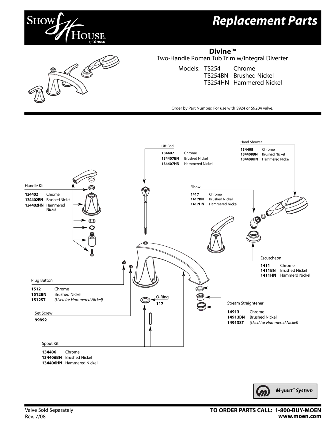 Moen TS254HN manual Replacement Parts, Divine, TS254BN, Hammered Nickel 