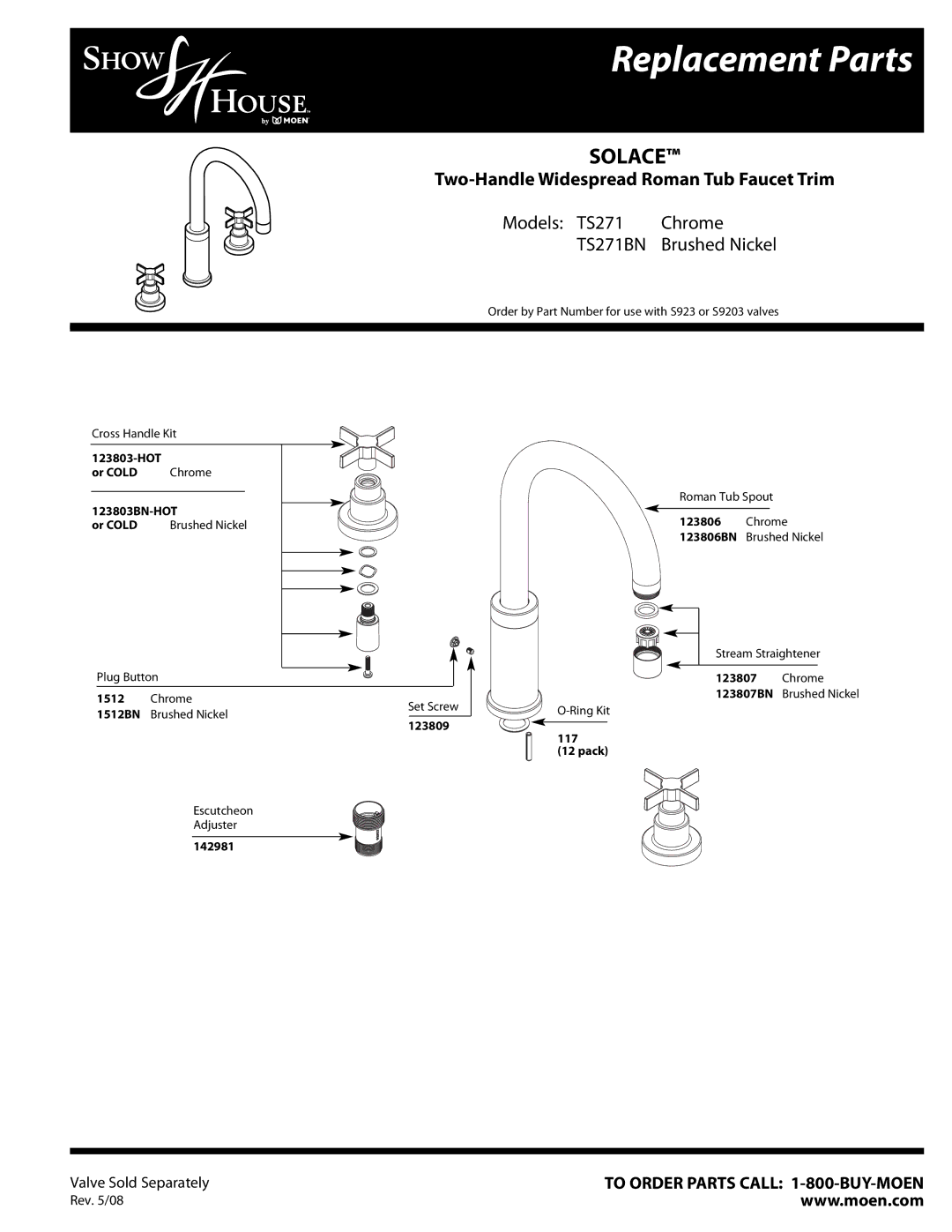 Moen TS271BN, TS271 Chrome manual Replacement Parts, Solace, Two-Handle Widespread Roman Tub Faucet Trim, Brushed Nickel 