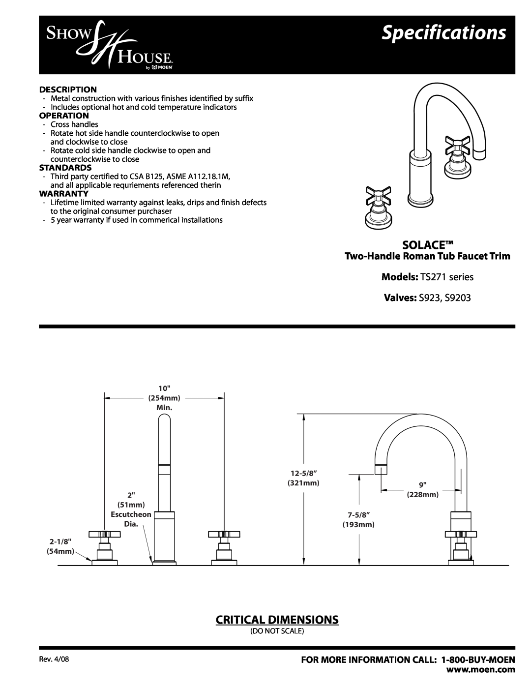 Moen TS271 specifications Specifications, Solace, Critical Dimensions, Two-Handle Roman Tub Faucet Trim, Description 