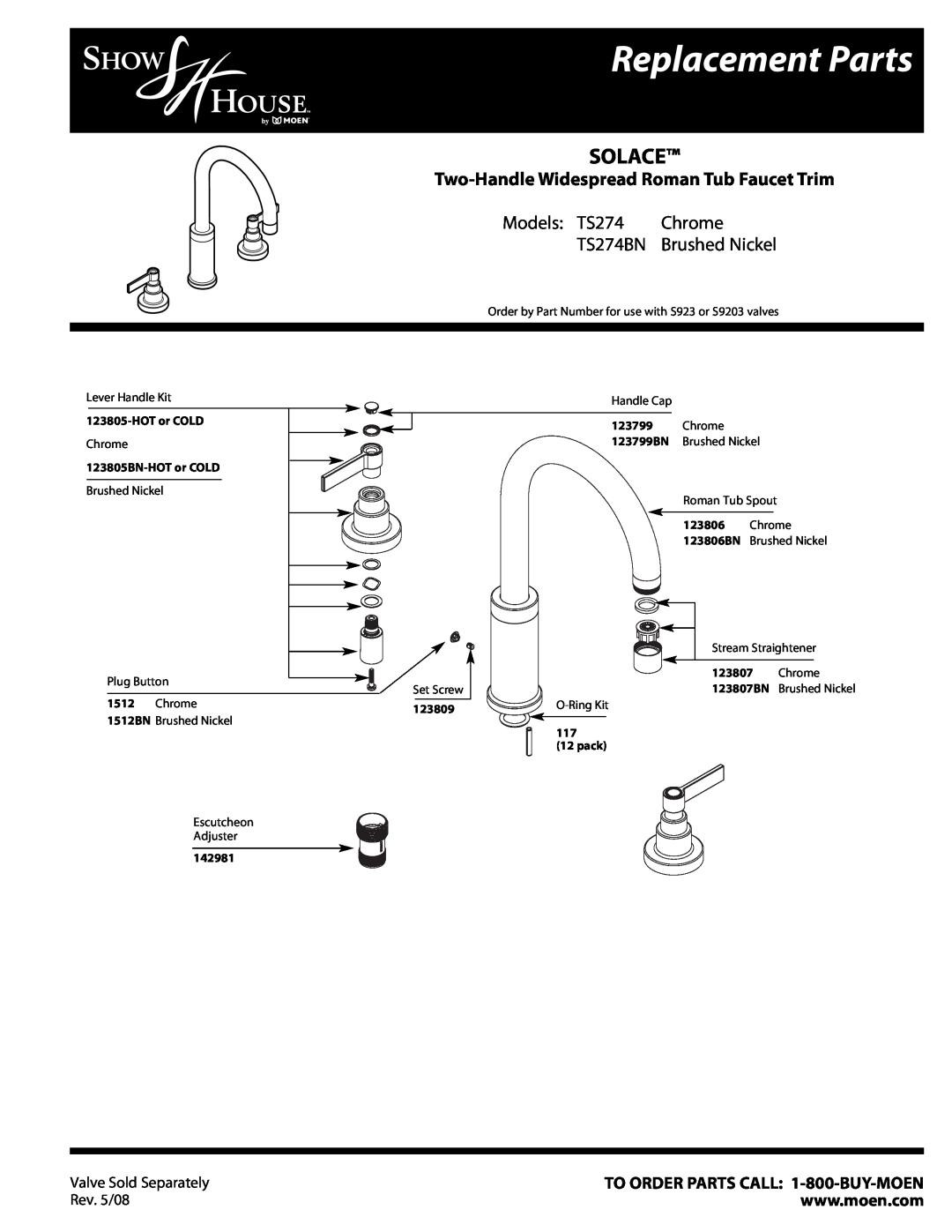 Moen TS274 Chrome manual Replacement Parts, Solace, Two-Handle Widespread Roman Tub Faucet Trim, Models TS274, TS274BN 