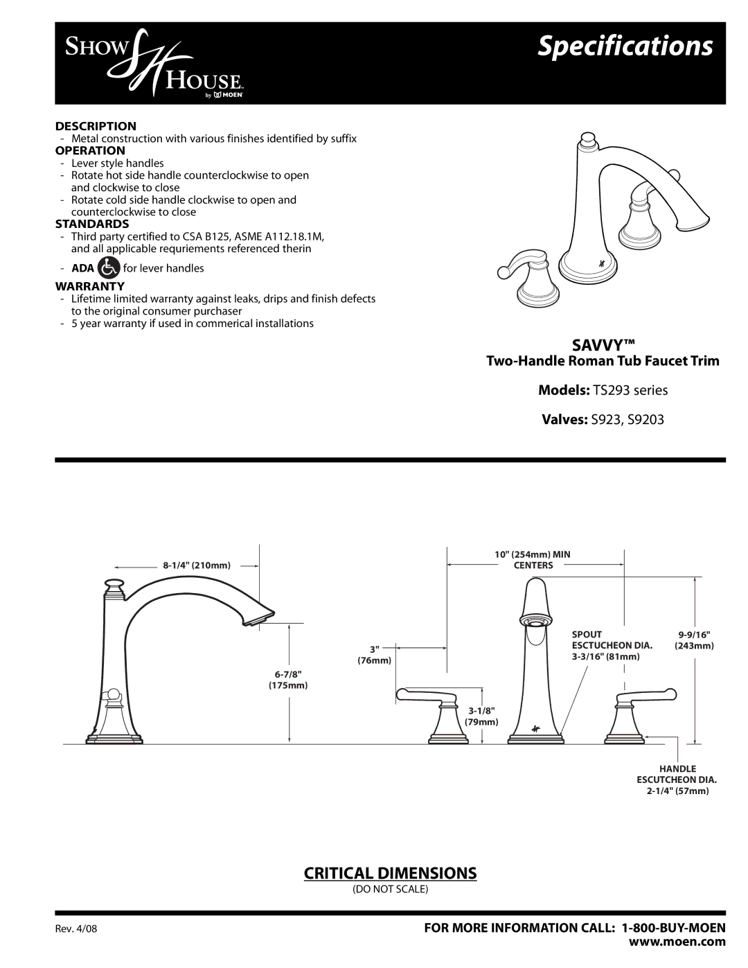 Moen TS293 series specifications Specifications, Savvy, Two-Handle Roman Tub Faucet Trim 