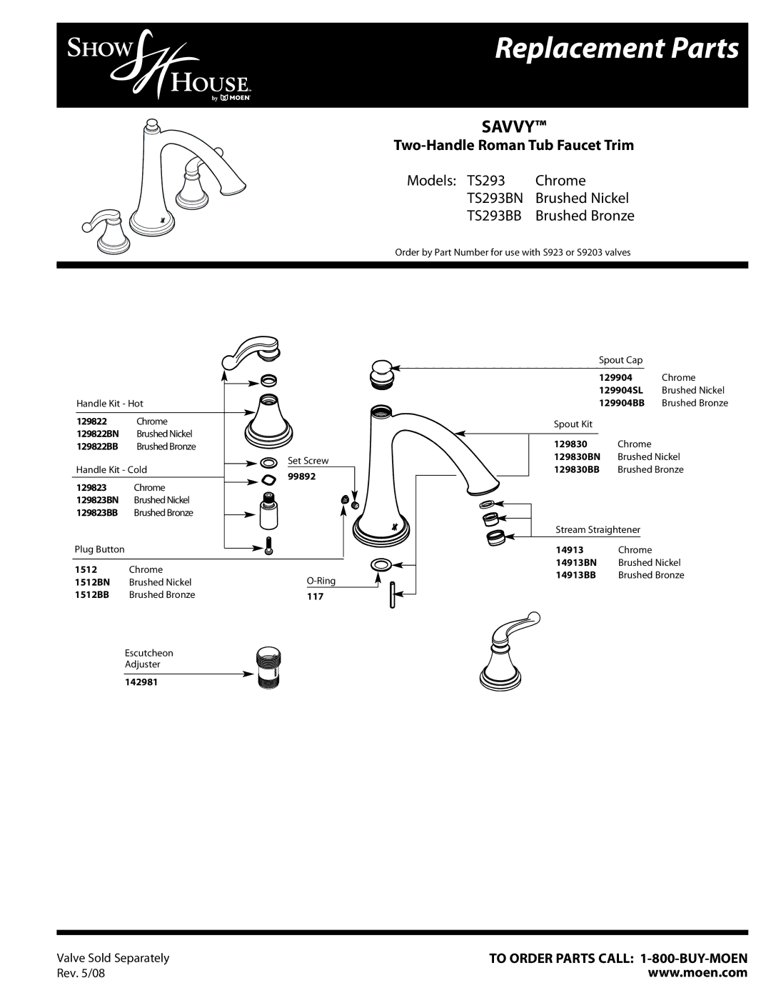 Moen TS293BN manual Replacement Parts, Savvy, Two-Handle Roman Tub Faucet Trim, TS293BB 