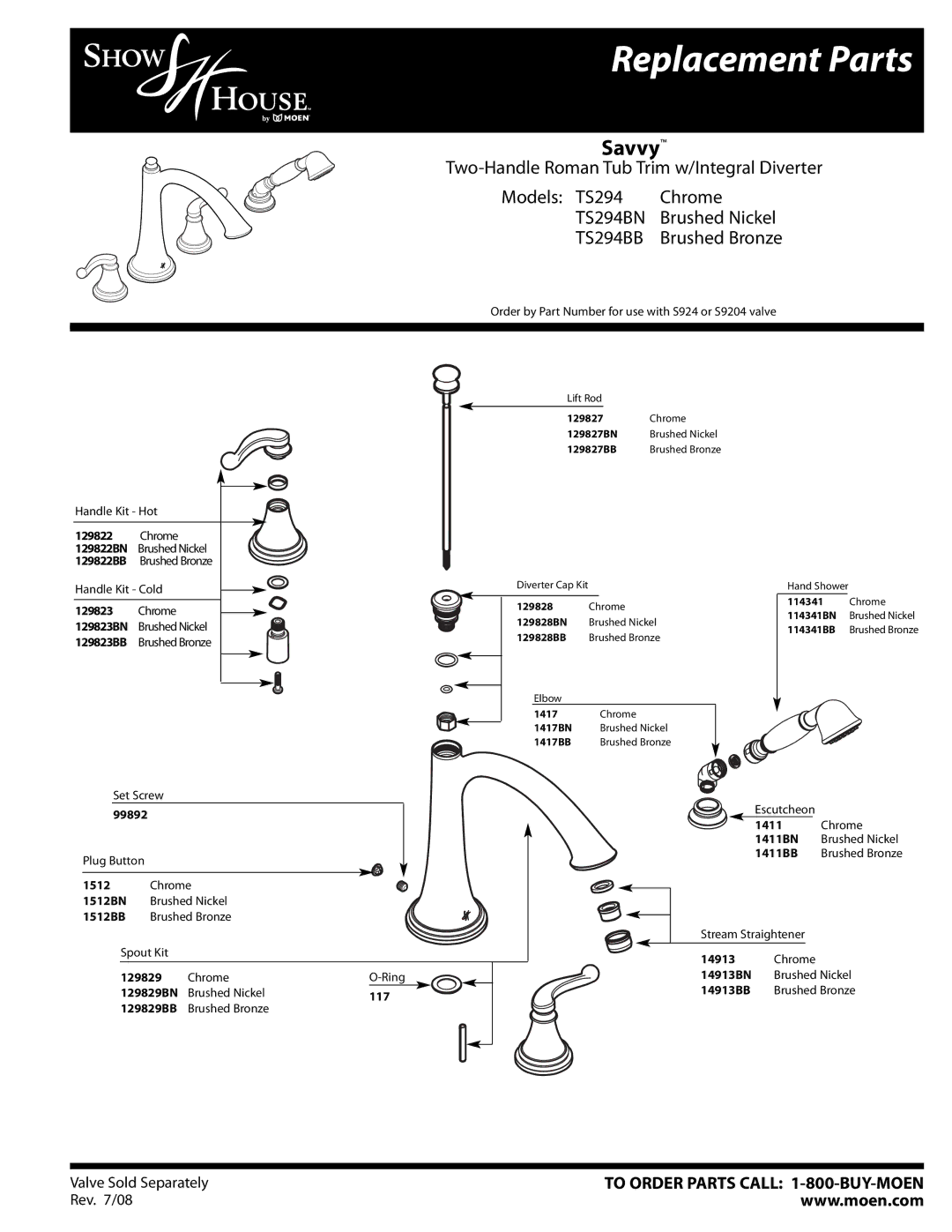 Moen TS294BB manual Replacement Parts, Savvy, TS294BN, Brushed Bronze 