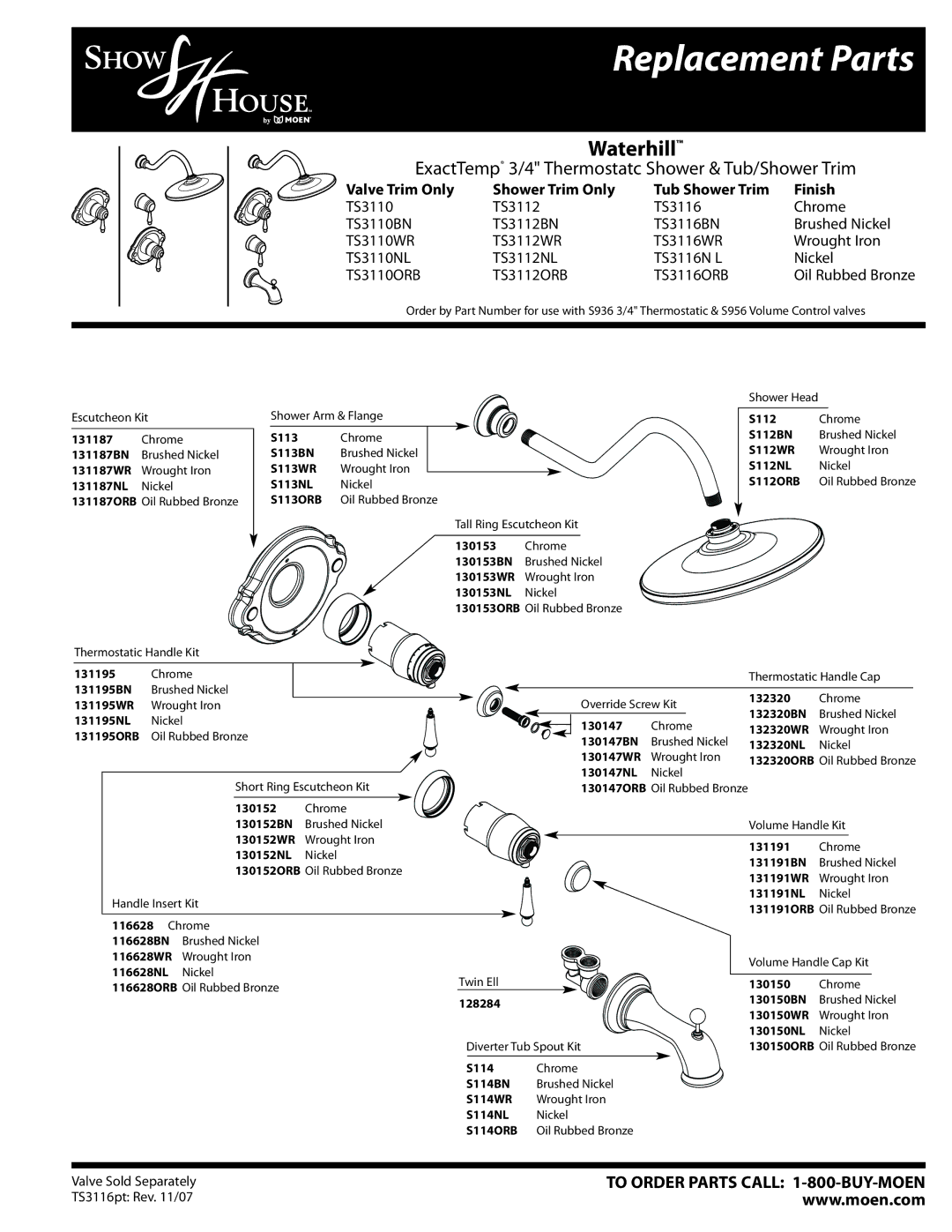 Moen TS3116BN, TS3116WR, TS3116N manual Replacement Parts, Waterhill, ExactTemp 3/4 Thermostatc Shower & Tub/Shower Trim 