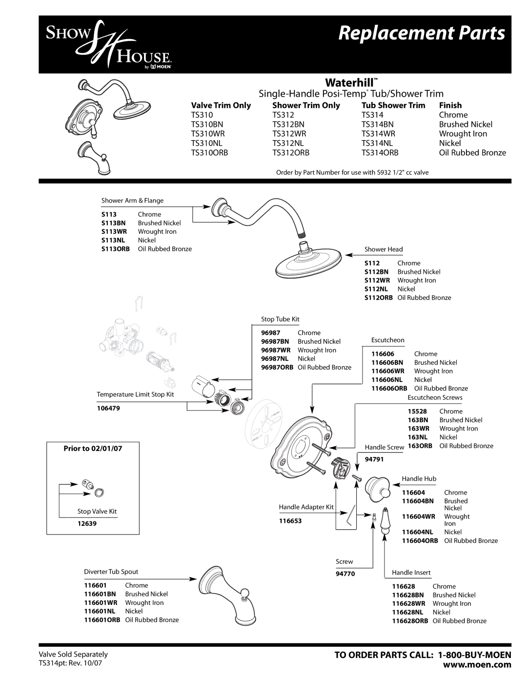 Moen TS312WR, TS314NL, TS314ORB, TS314BN, TS312NL manual Replacement Parts, Waterhill, Single-Handle Posi-TempTub/Shower Trim 