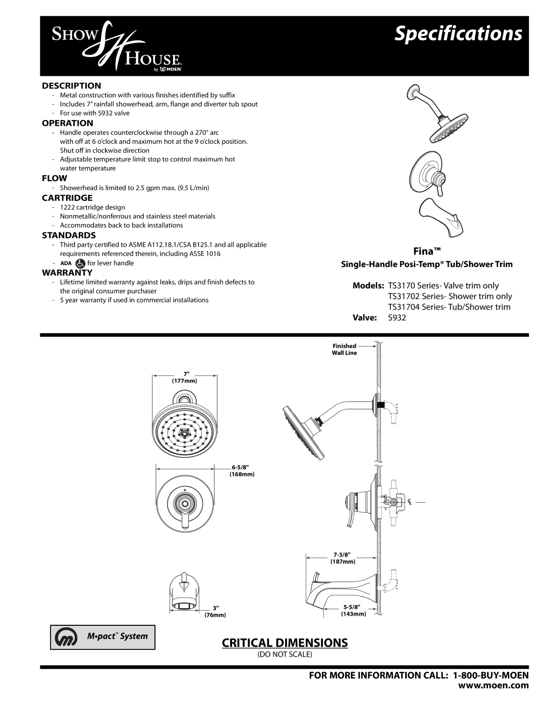 Moen TS31704 Series, TS3170 Series, TS31702 Series specifications Specifications, Fina 