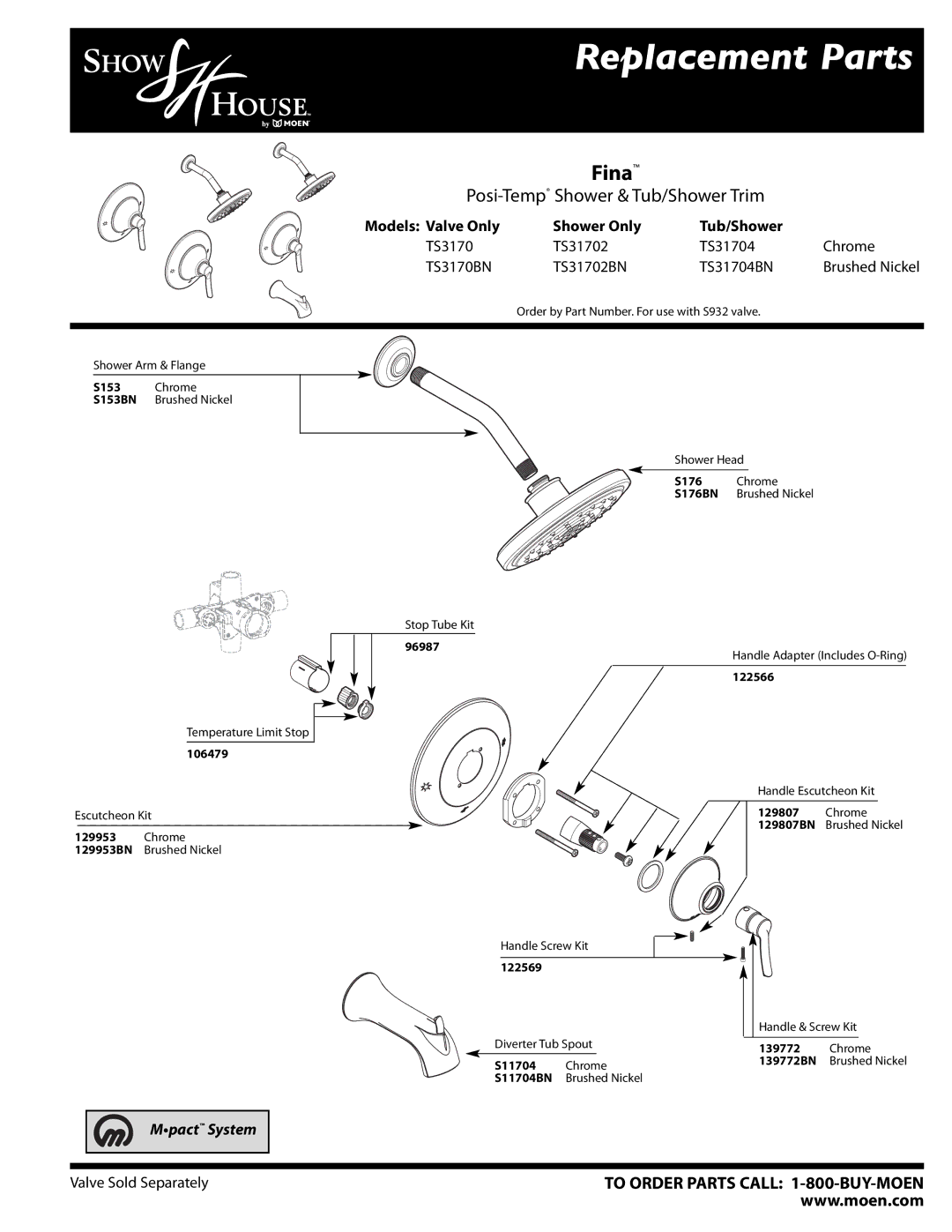 Moen TS31704BN manual Replacement Parts, Fina, Posi-TempShower & Tub/Shower Trim, Models Valve Only Shower Only Tub/Shower 