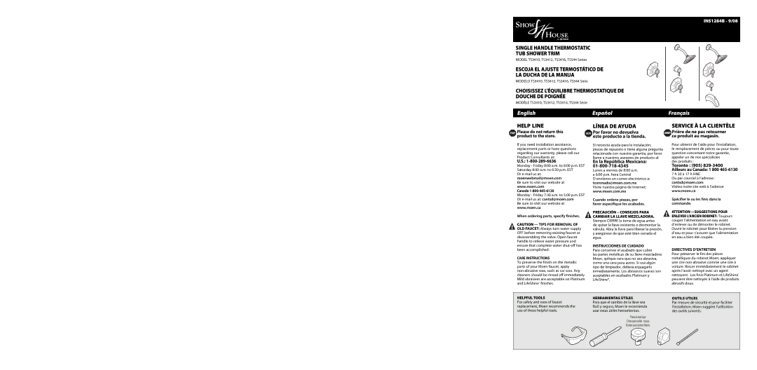 Moen TS3416, TS3412, TS3410 warranty Stop Please do not return this product to the store, Canada 