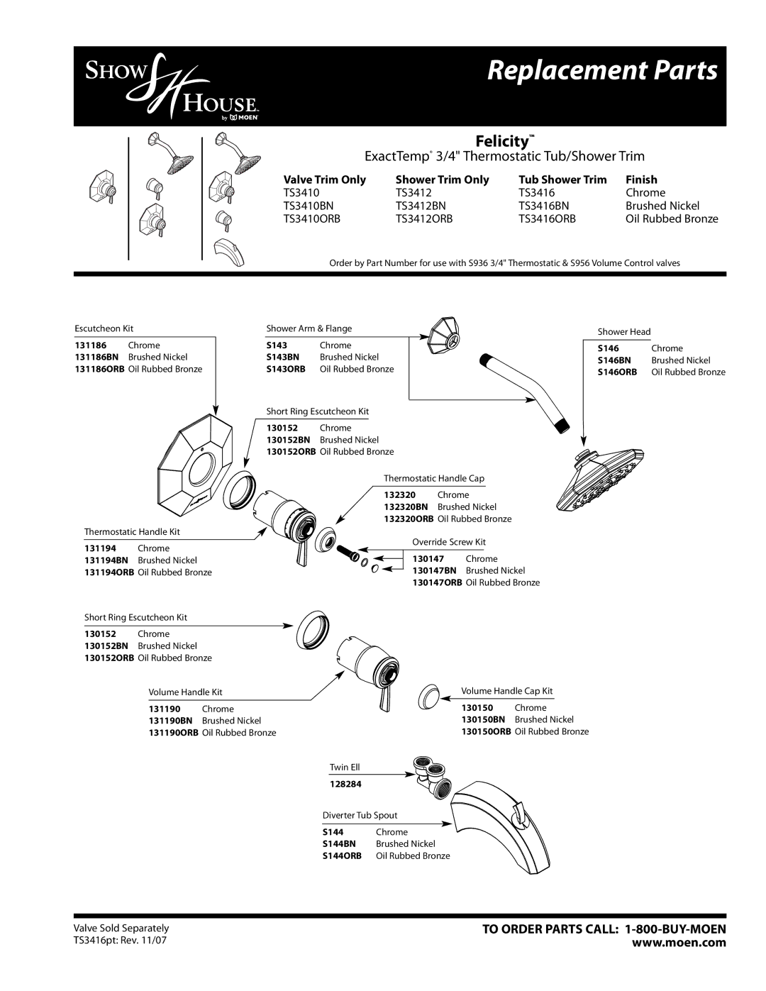 Moen TS3416ORB, TS3416BN, TS3412ORB, TS3412BN manual Replacement Parts, Felicity, ExactTemp 3/4 Thermostatic Tub/Shower Trim 