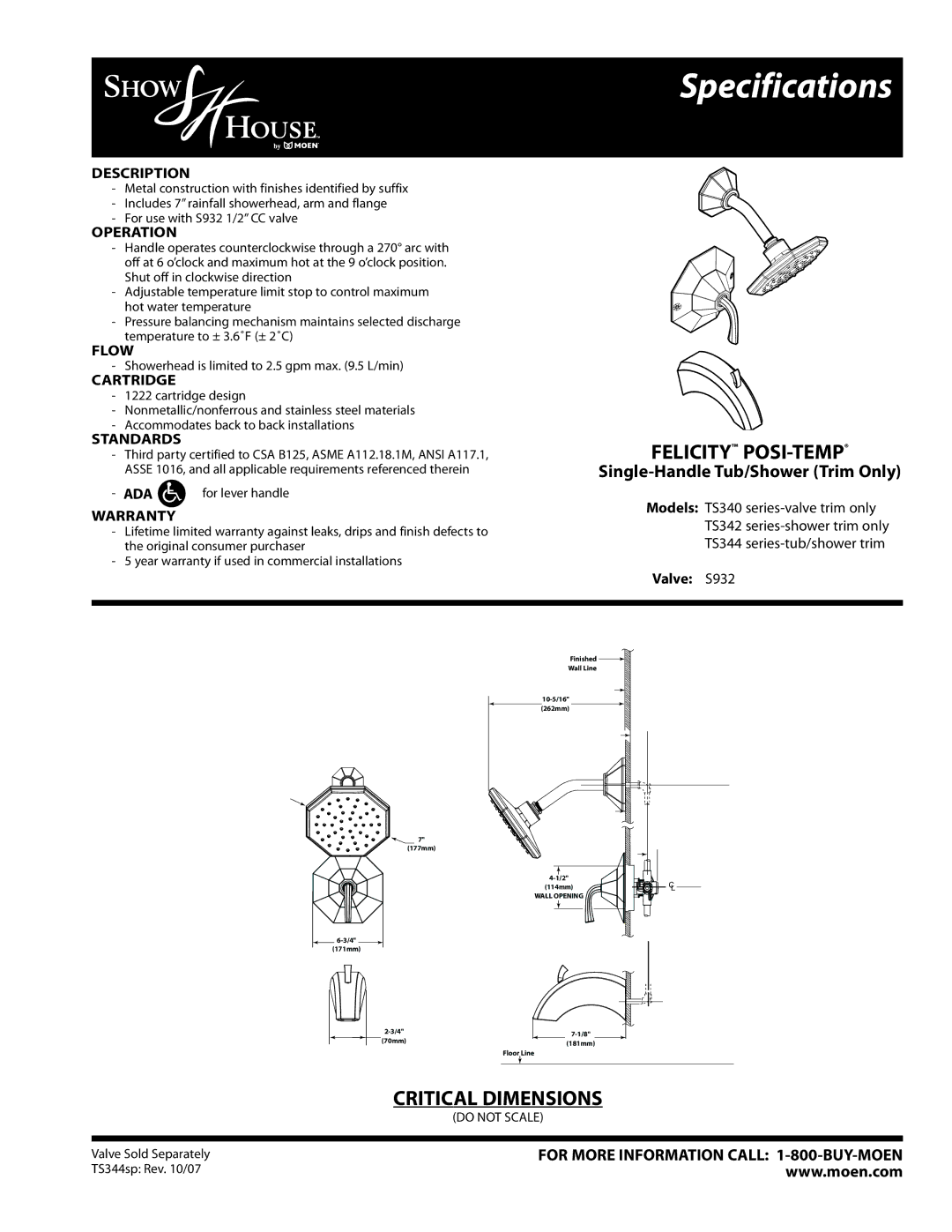 Moen TS344 Series, TS342 Series specifications Specifications, Felicity POSI-TEMP, Single-Handle Tub/Shower Trim Only 