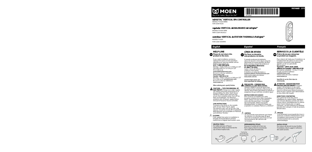 Moen TS3420 warranty Alto Por favor no devuelva, Arrét Prière de ne pas retourner ce produit au magasin 