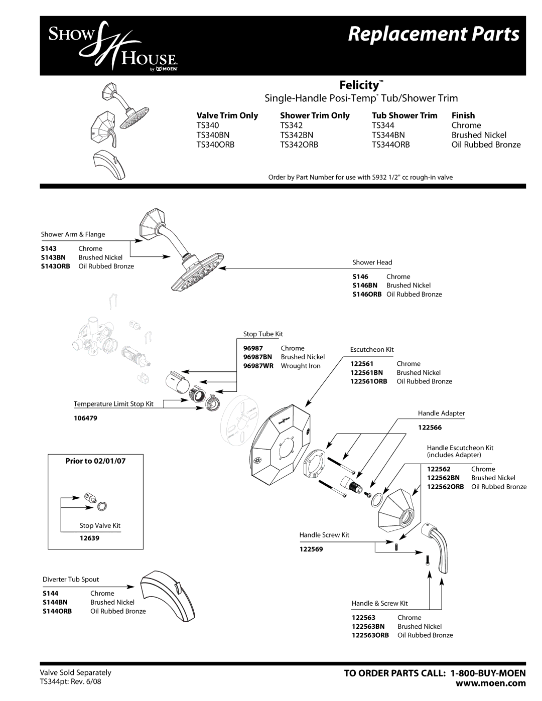 Moen TS344ORB, TS344BN, TS342ORB, TS342BN, TS340BN manual Replacement Parts, Felicity, Single-Handle Posi-TempTub/Shower Trim 