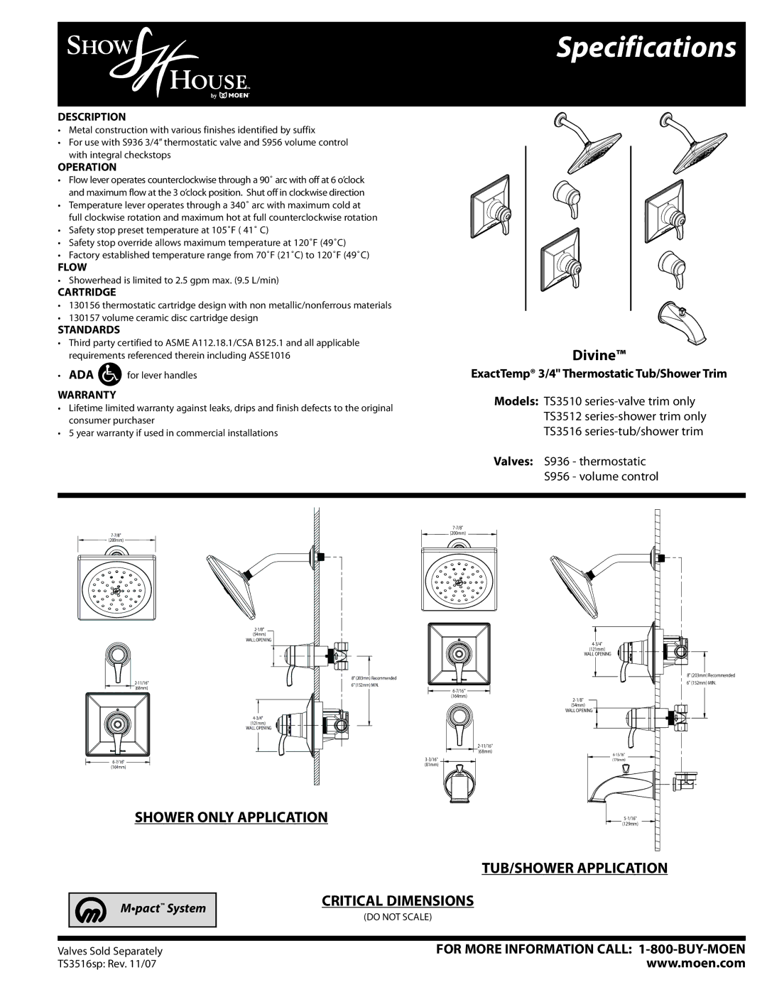 Moen TS3516sp specifications Specifications, Divine, ExactTemp 3/4 Thermostatic Tub/Shower Trim 