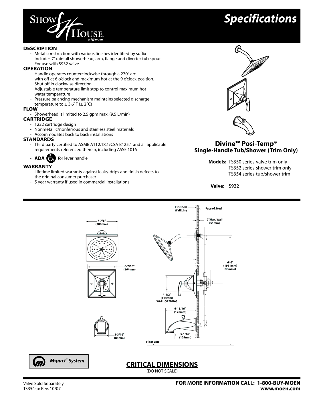 Moen TS350, TS352 specifications Specifications, Divine Posi-Temp, Single-Handle Tub/Shower Trim Only 