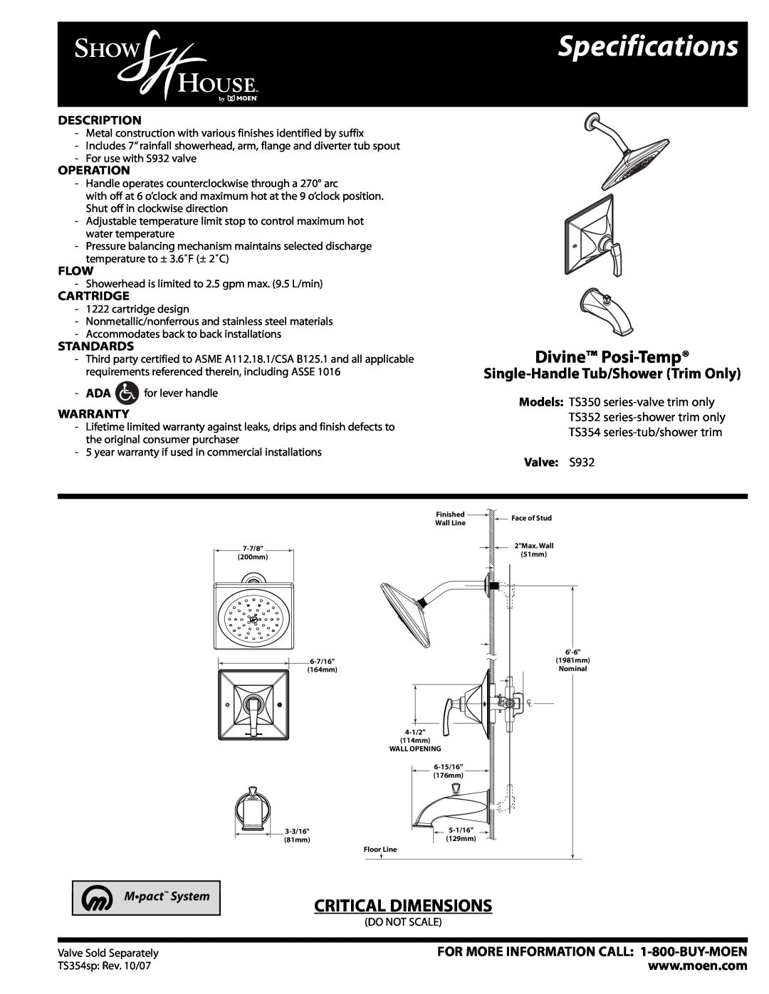 Moen TS350 specifications Specifications, Divine Posi-Temp, Critical Dimensions, Single-Handle Tub/Shower Trim Only, Flow 