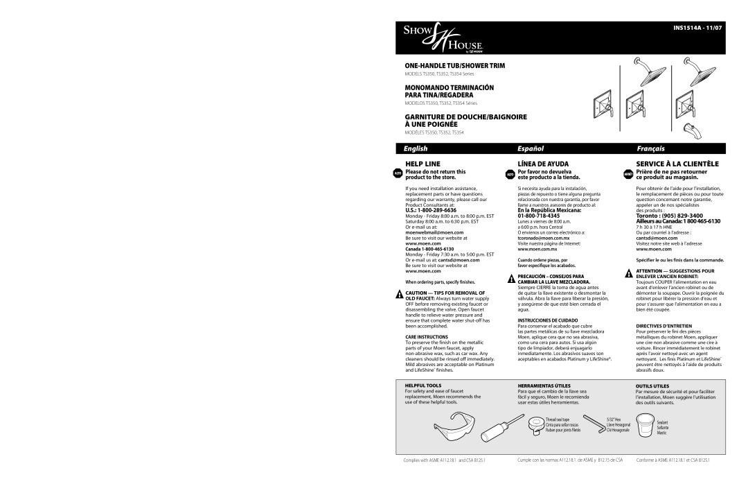 Moen TS354 Series warranty En la República Mexicana, Cantsd@moen.com, Spécifier le ou les finis dans la commande 