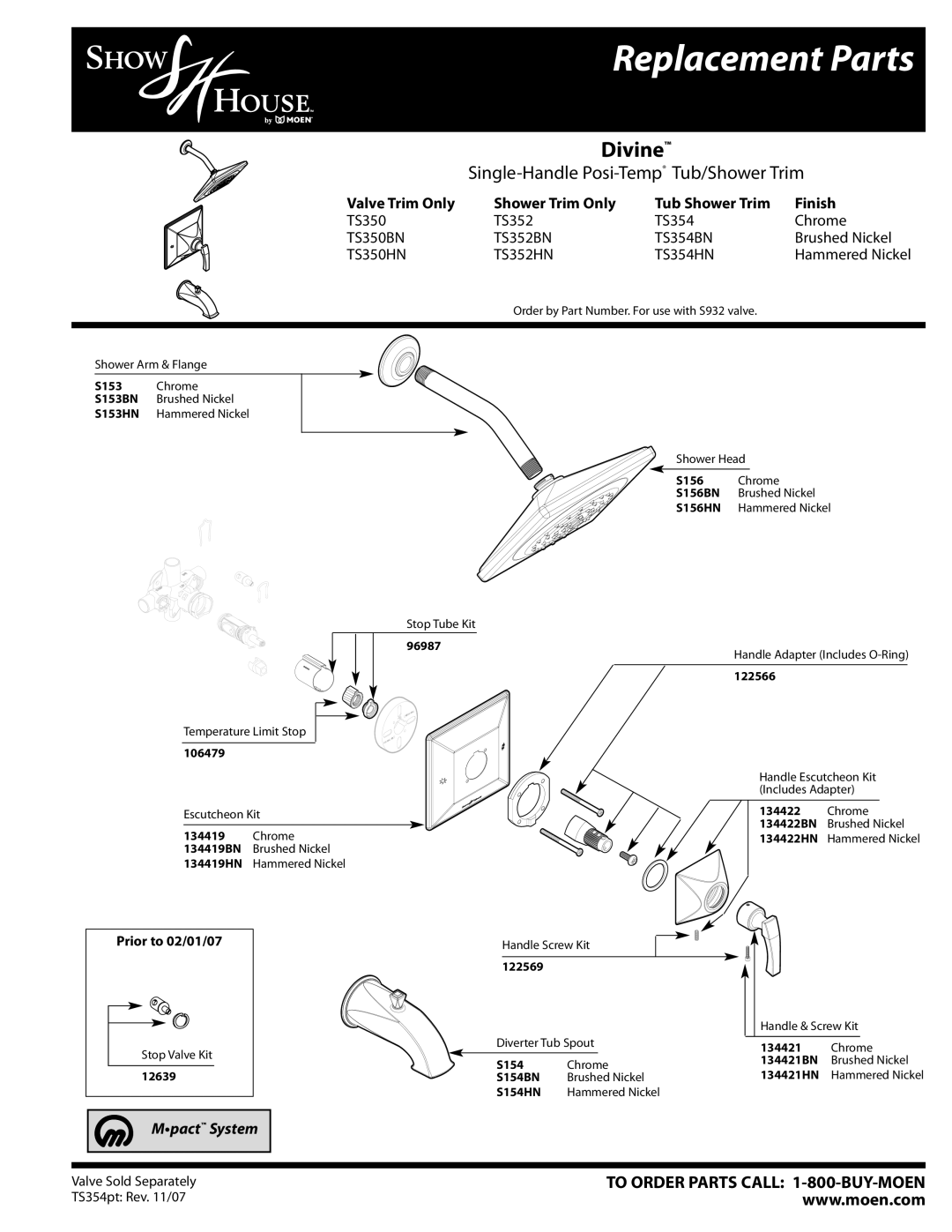 Moen TS354HN, TS354BN, TS352HN, TS352BN, TS350HN manual Replacement Parts, Divine, Single-Handle Posi-TempTub/Shower Trim 