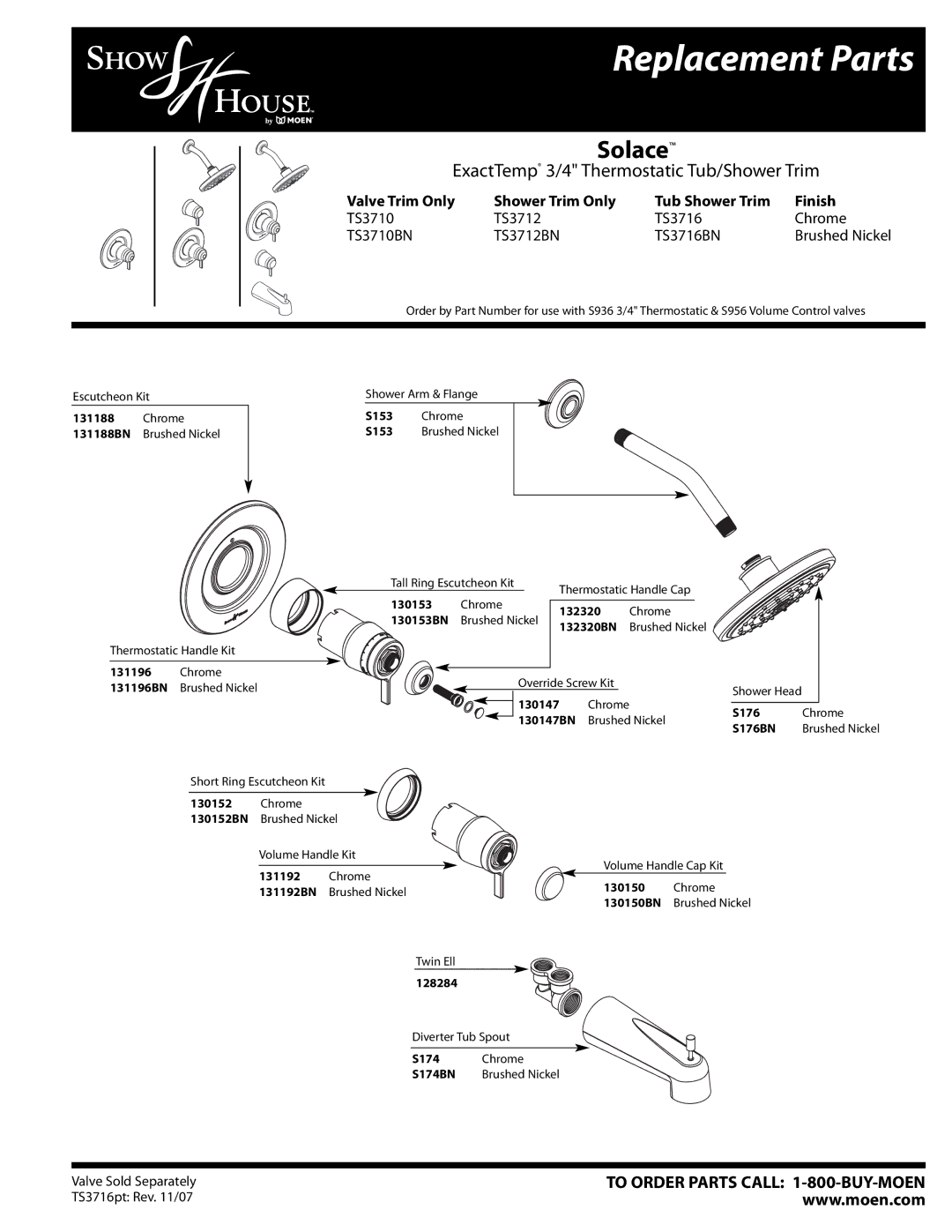 Moen TS3716BN, TS3712BN, TS3710BN manual Replacement Parts, Solace, ExactTemp 3/4 Thermostatic Tub/Shower Trim 