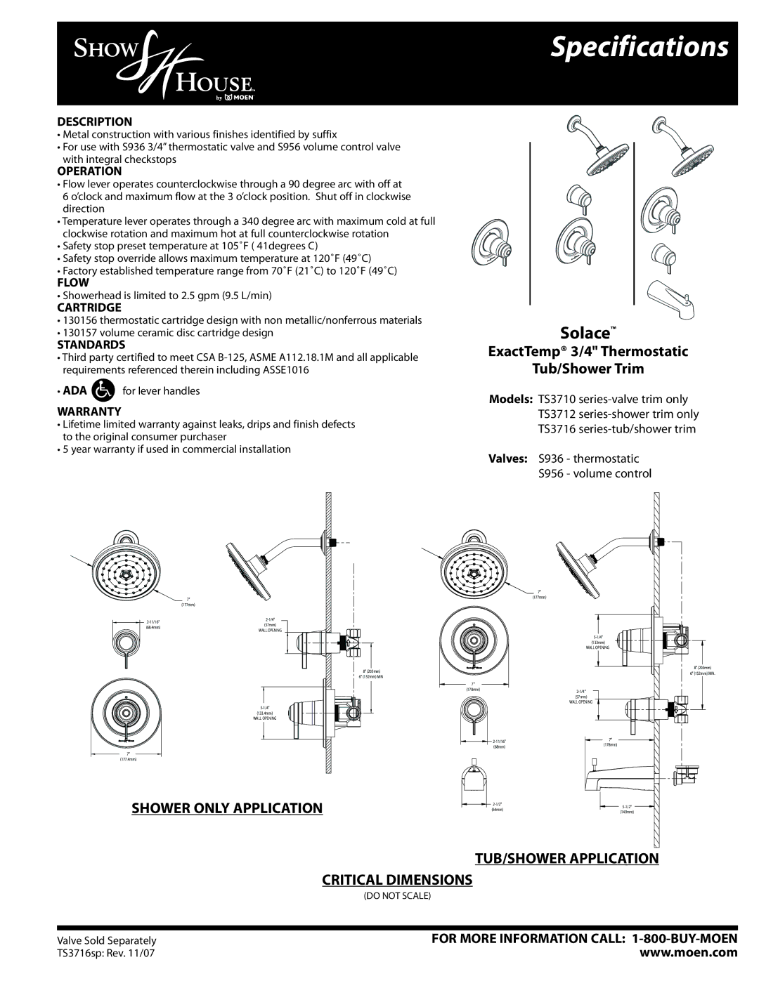 Moen TS3712, TS3716, TS3710, S936, S956 specifications Specifications, Solace, ExactTemp 3/4 Thermostatic Tub/Shower Trim 