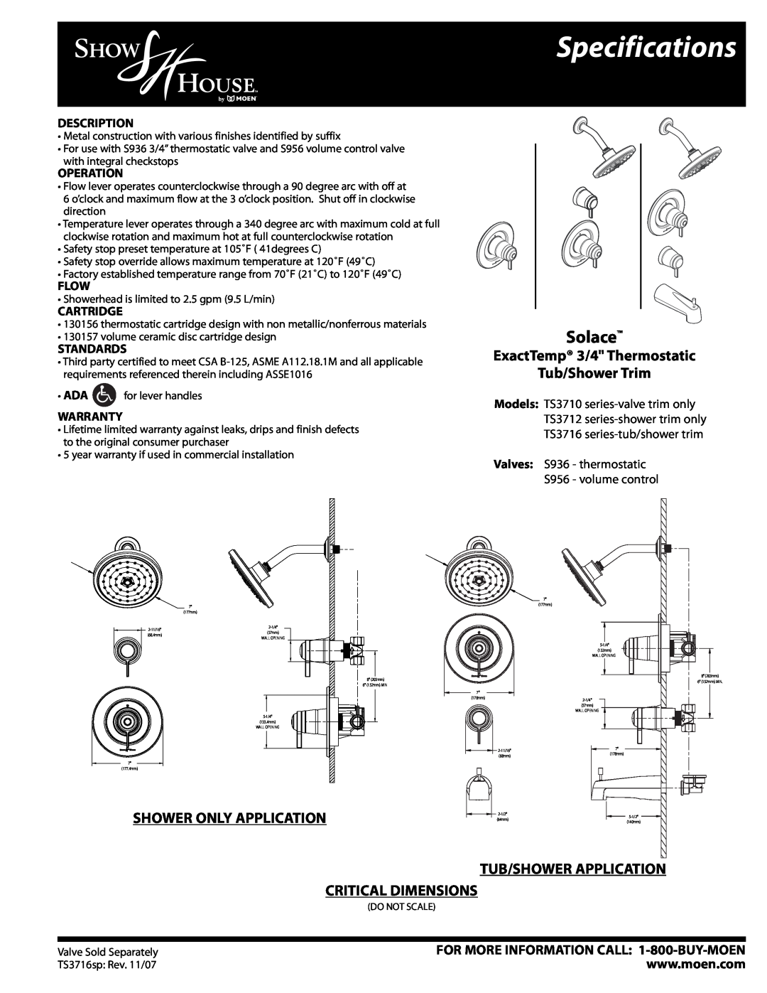 Moen TS3712 specifications Specifications, Solace, ExactTemp 3/4 Thermostatic Tub/Shower Trim, Shower Only Application 