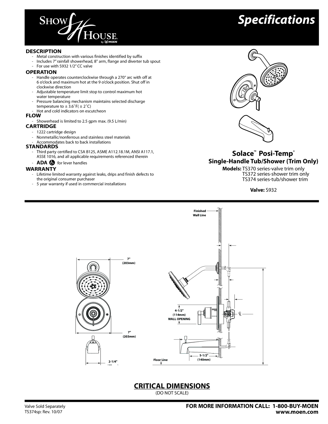 Moen TS372 series, TS374 series specifications Specifications, Solace Posi-Temp, Single-Handle Tub/Shower Trim Only 