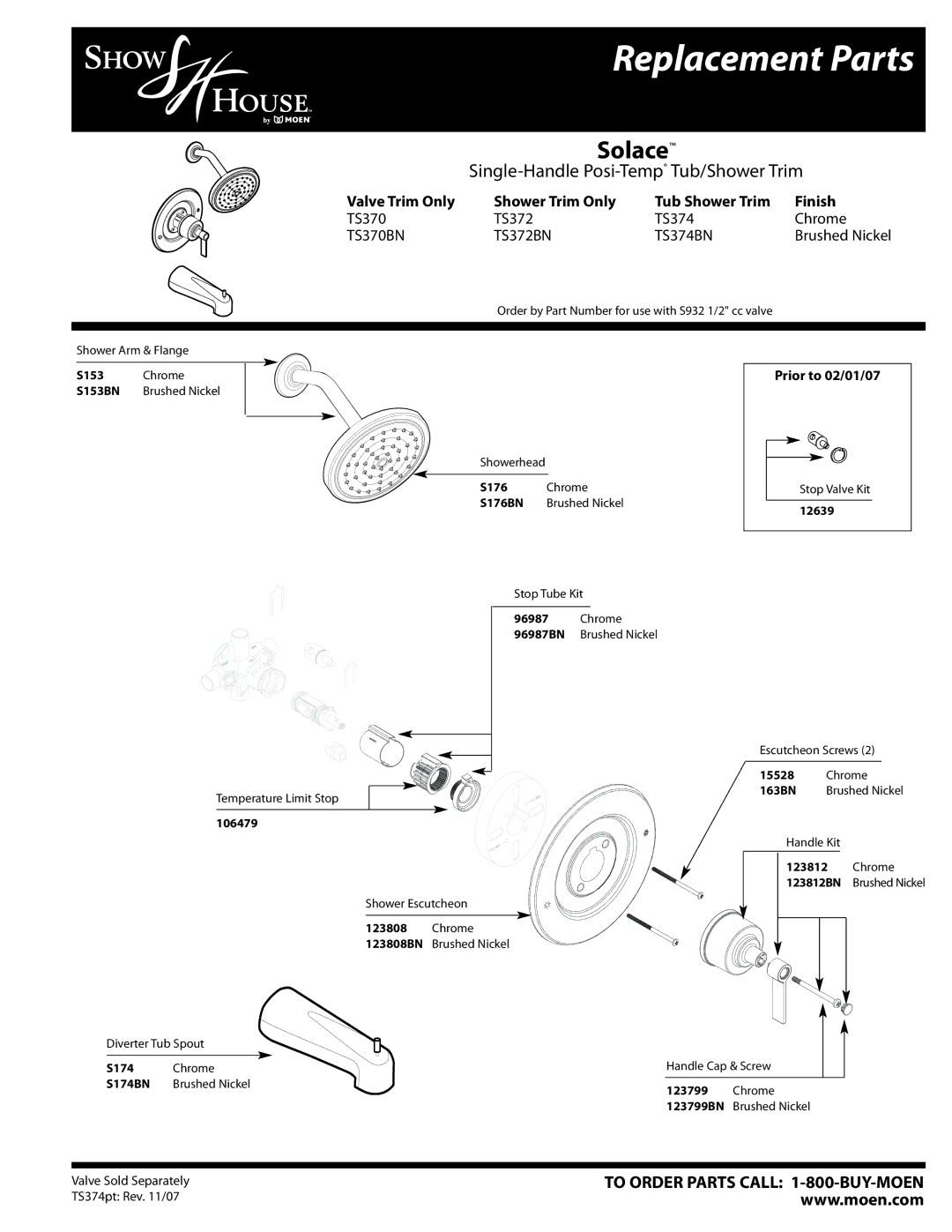 Moen manual Replacement Parts, Solace, Single-Handle Posi-TempTub/Shower Trim, TS370BN TS372BN TS374BN 