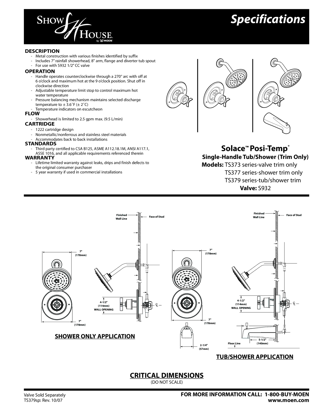 Moen TS379, TS377, TS373 specifications Specifications, Solace Posi-Temp, Single-Handle Tub/Shower Trim Only, Valve S932 