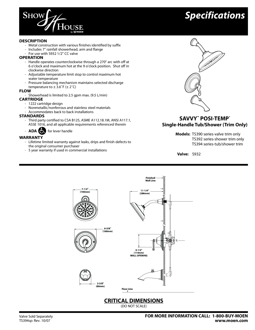 Moen TS390 Series specifications Specifications, Savvy POSI-TEMP, Critical Dimensions, Single-Handle Tub/Shower Trim Only 