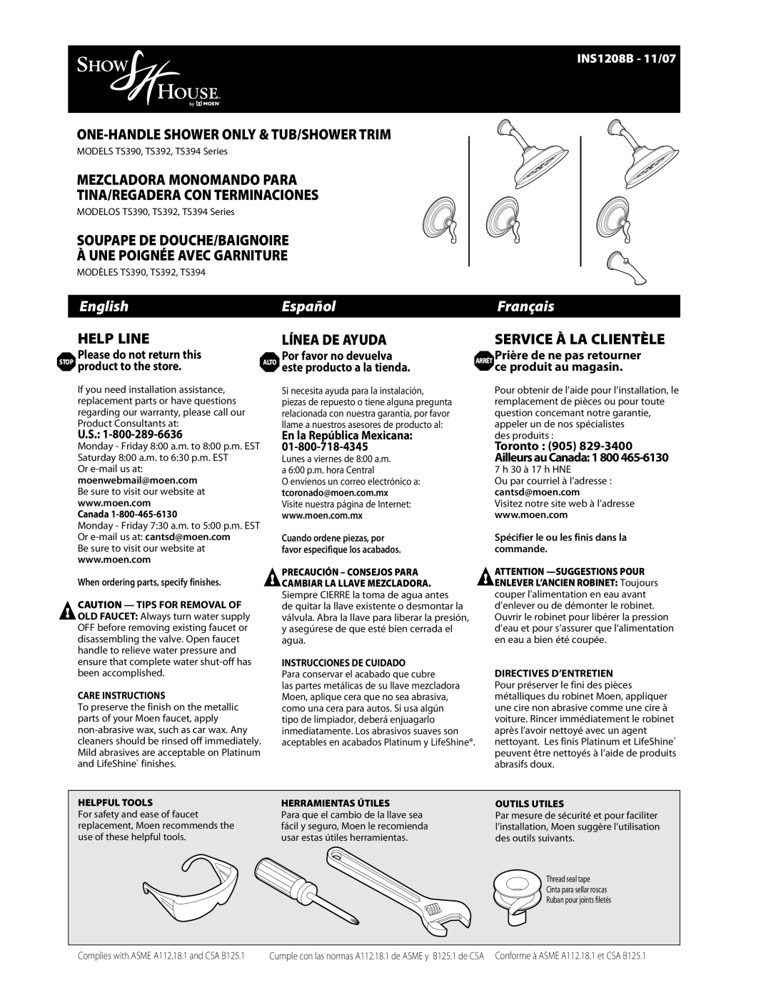 Moen TS394 series warranty Please do not return this, Stop product to the store, Toronto 905 Ailleurs au Canada 1 800 