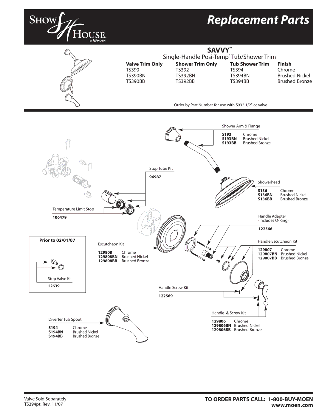 Moen TS392BN, TS394BB, TS394BN, TS392BB, TS390BB manual Replacement Parts, Savvy, Single-Handle Posi-TempTub/Shower Trim 