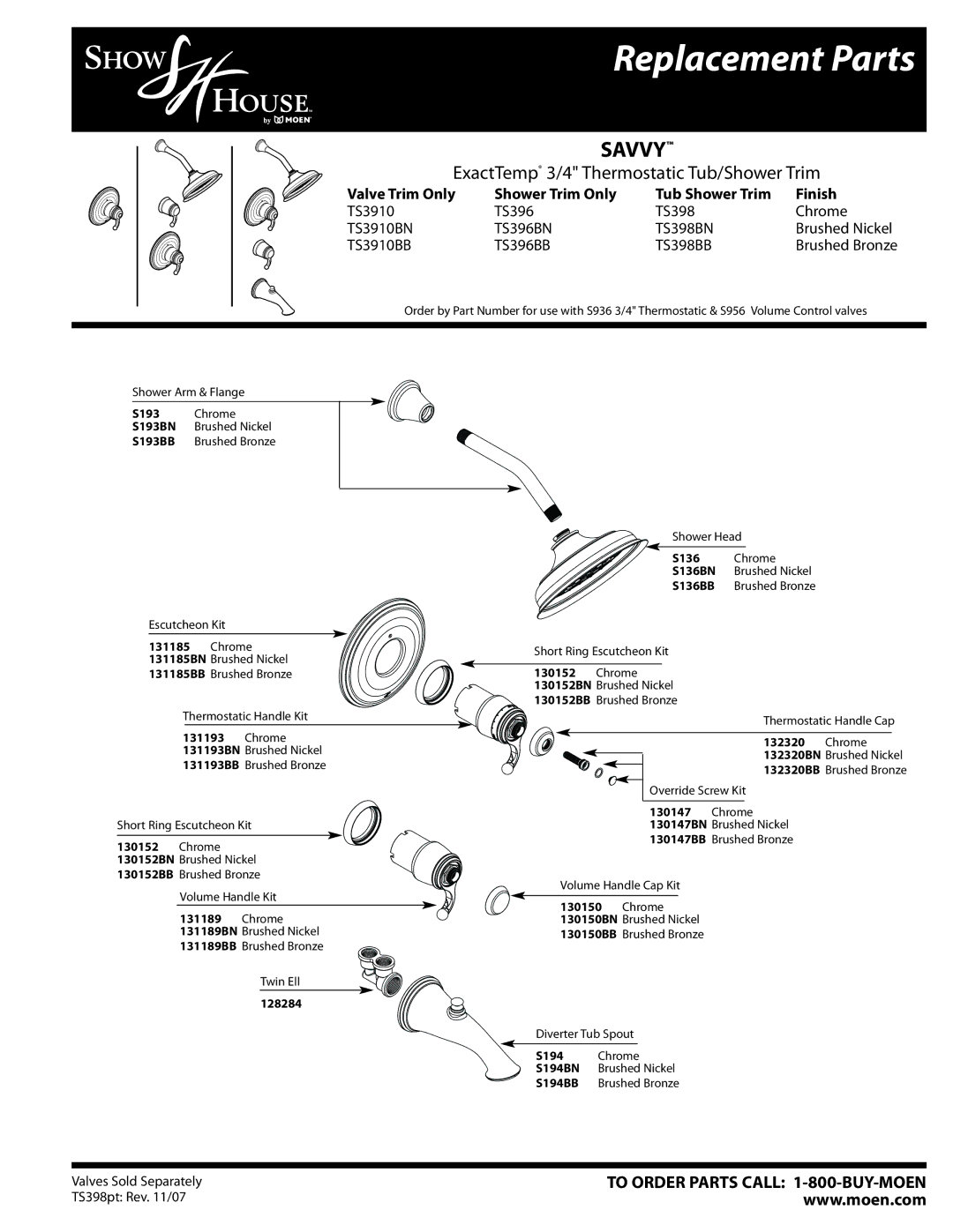 Moen TS398BB, TS396BN, TS396BB, TS398BN, TS3910BB manual Replacement Parts, Savvy, ExactTemp 3/4 Thermostatic Tub/Shower Trim 