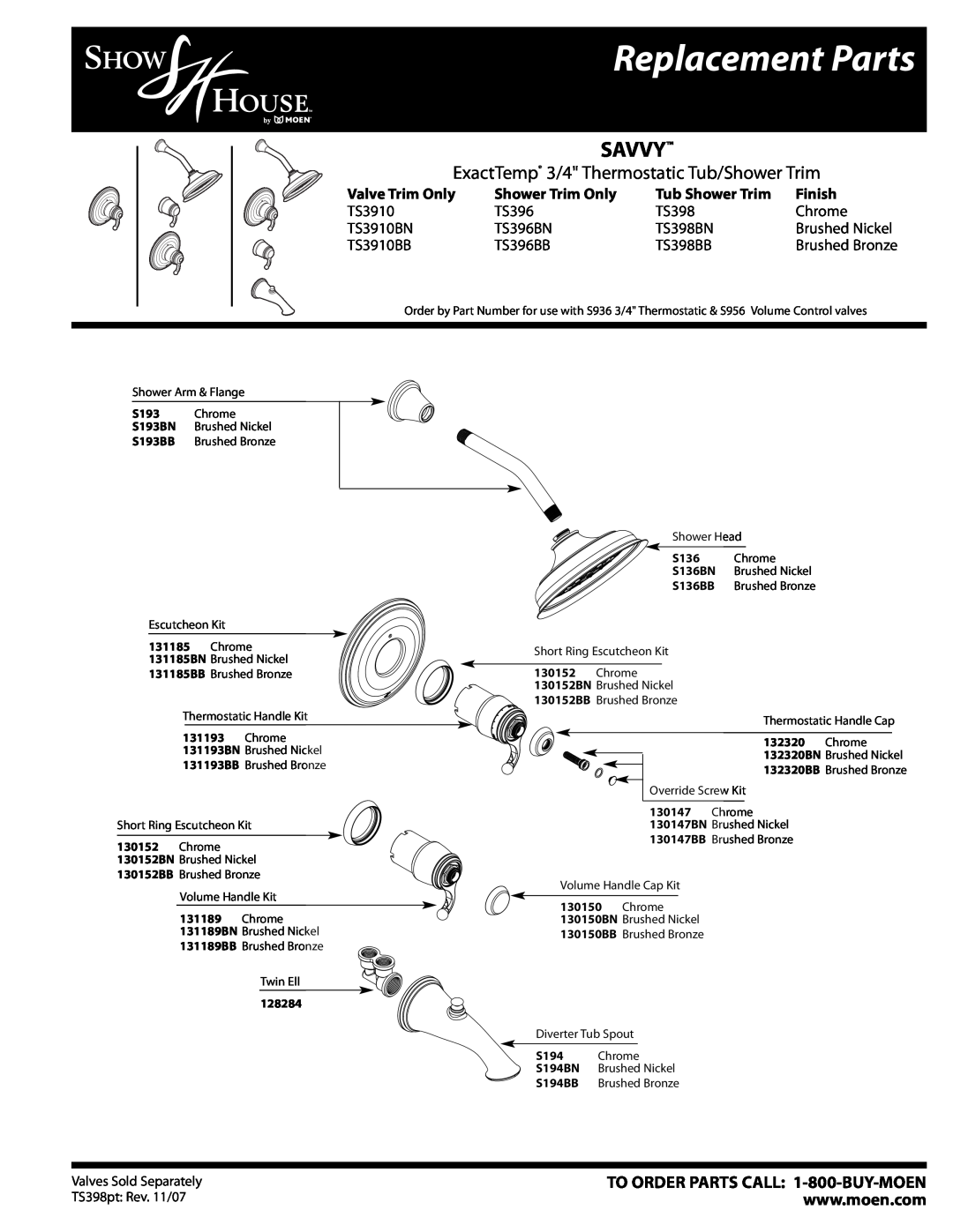 Moen TS398BB manual Replacement Parts, Savvy, ExactTemp 3/4 Thermostatic Tub/Shower Trim, Valve Trim Only, Tub Shower Trim 