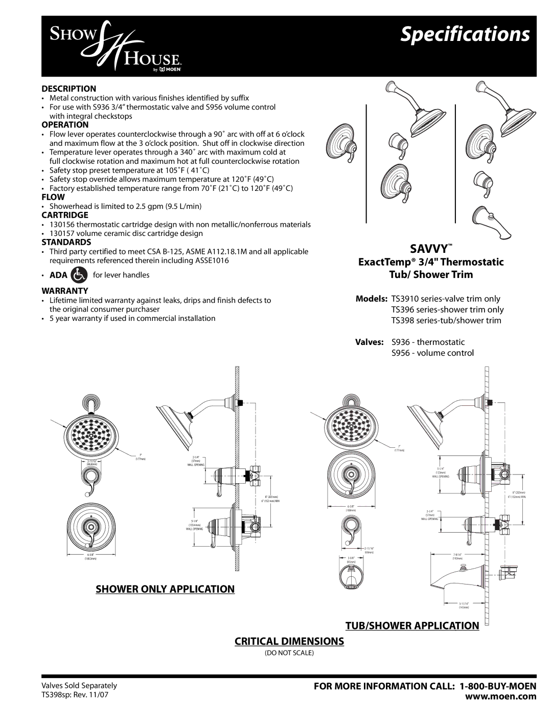 Moen TS396, TS398, TS3910 specifications Specifications, Savvy, ExactTemp 3/4 Thermostatic Tub/ Shower Trim 