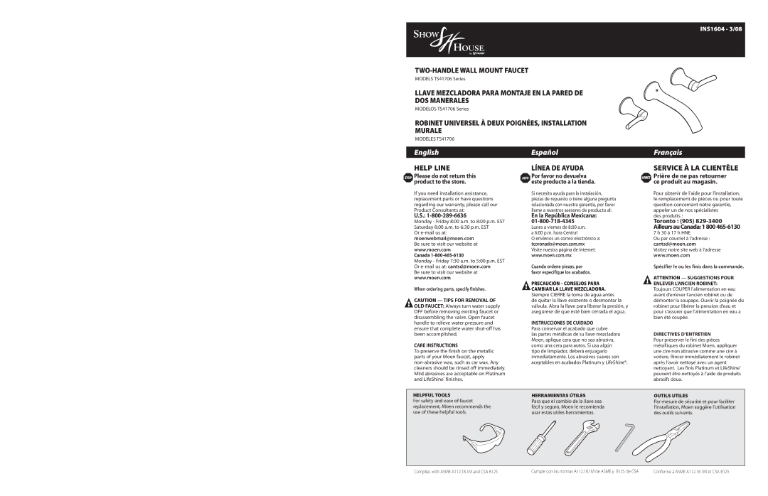Moen TS41706 Series warranty Stop Please do not return this product to the store, Moenwebmail@moen.com, Cantsd@moen.com