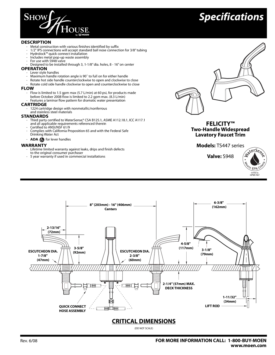 Moen TS447 series specifications Specifications, Felicity, Two-Handle Widespread Lavatory Faucet Trim, Valve S948 