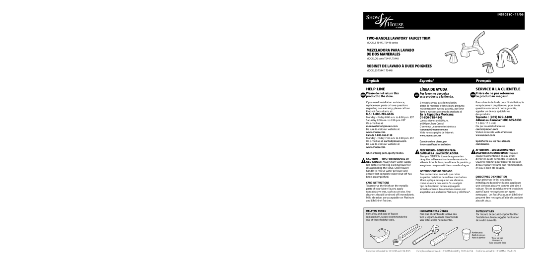 Moen TS447 warranty Please do not return this, Stop product to the store, Toronto 905 Ailleurs au Canada 1 800 