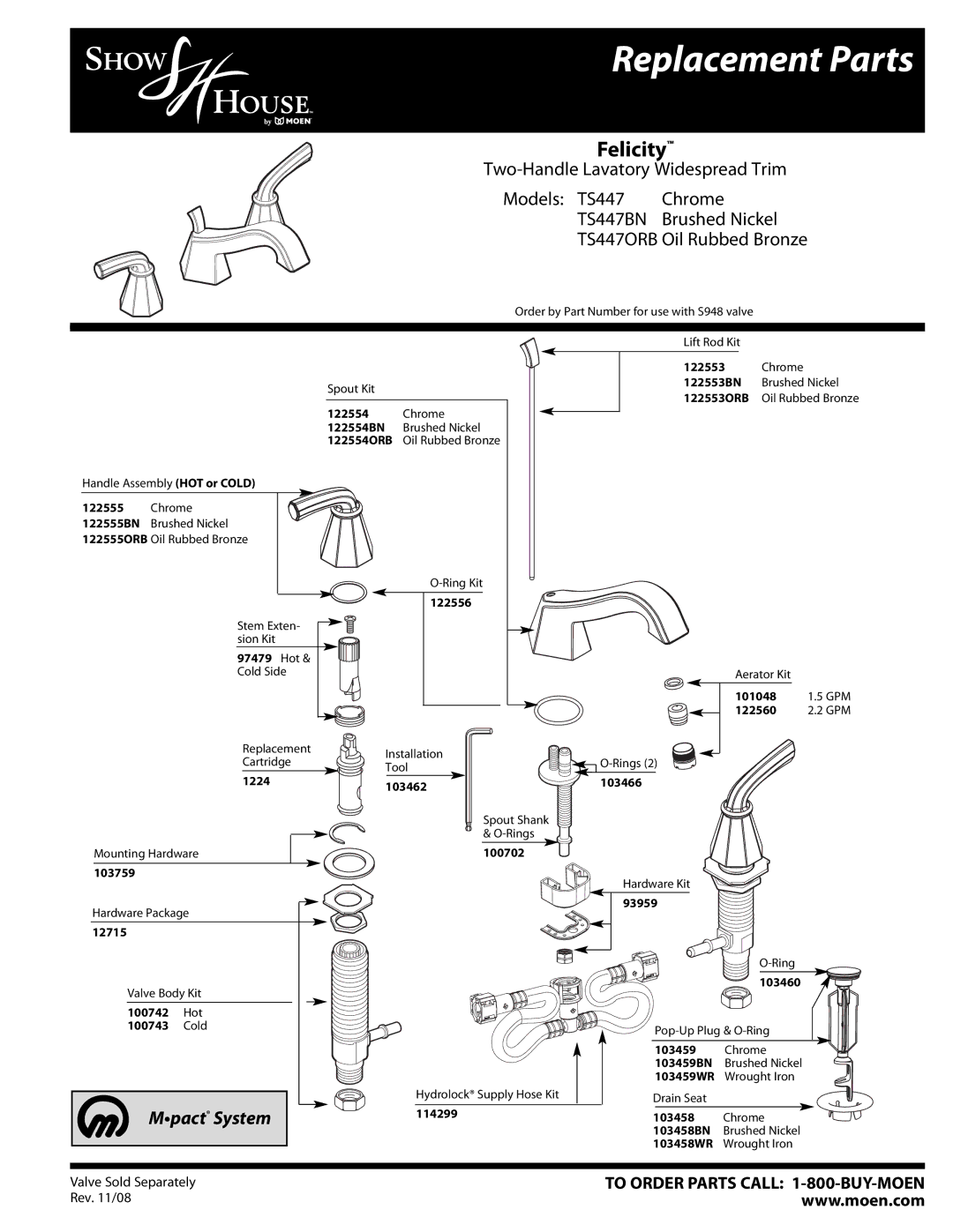 Moen TS447ORB manual Replacement Parts, Felicity, TS447BN, Mpact System 