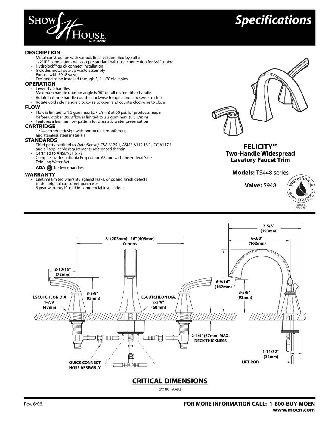 Moen TS448 Series specifications Specifications, Felicity, Two-Handle Widespread Lavatory Faucet Trim, Valve S948 