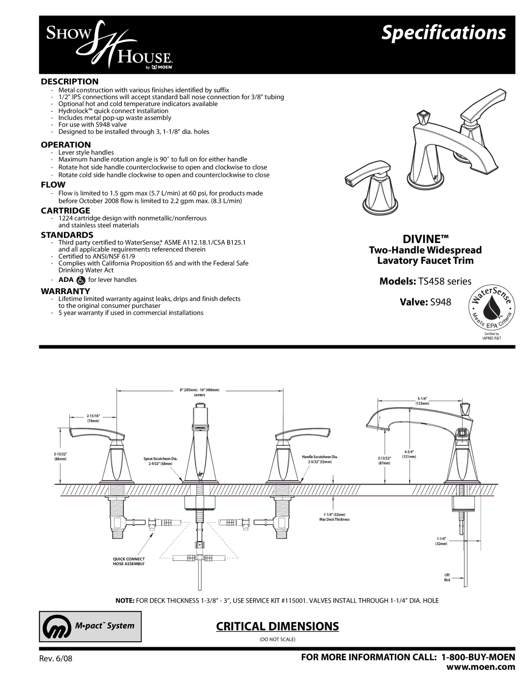 Moen TS458 Series specifications Specifications, Divine, Critical Dimensions, Two-Handle Widespread Lavatory Faucet Trim 