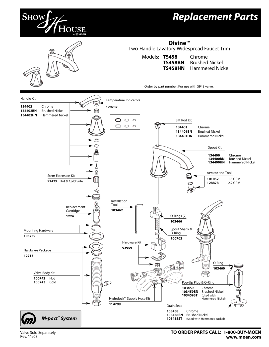 Moen TS458HN, TS458 Chrome manual Replacement Parts, Divine, TS458BN, Mpact System 