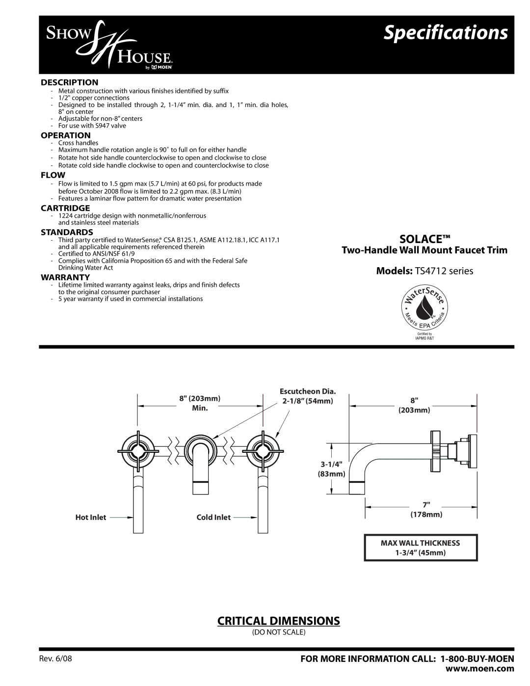 Moen TS4712 Series specifications Specifications, Solace, Two-Handle Wall Mount Faucet Trim, Models TS4712 series 